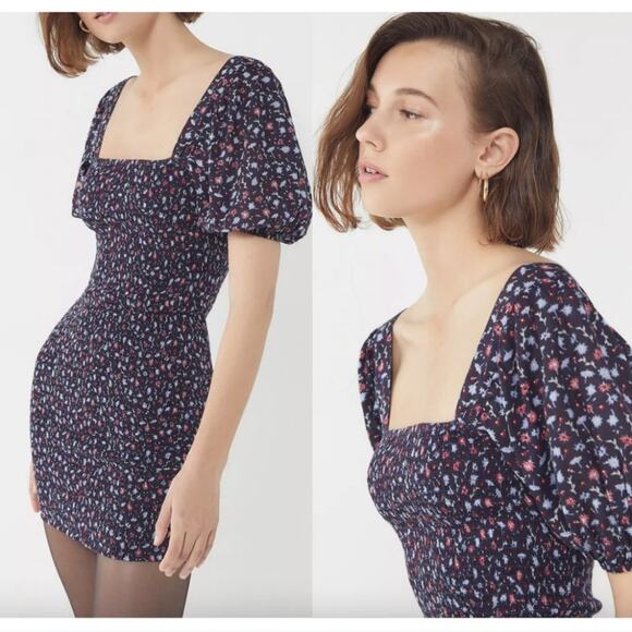 UO Carnation Floral Smocked Puff Sleeve Mini Dress - Picture 1 of 8